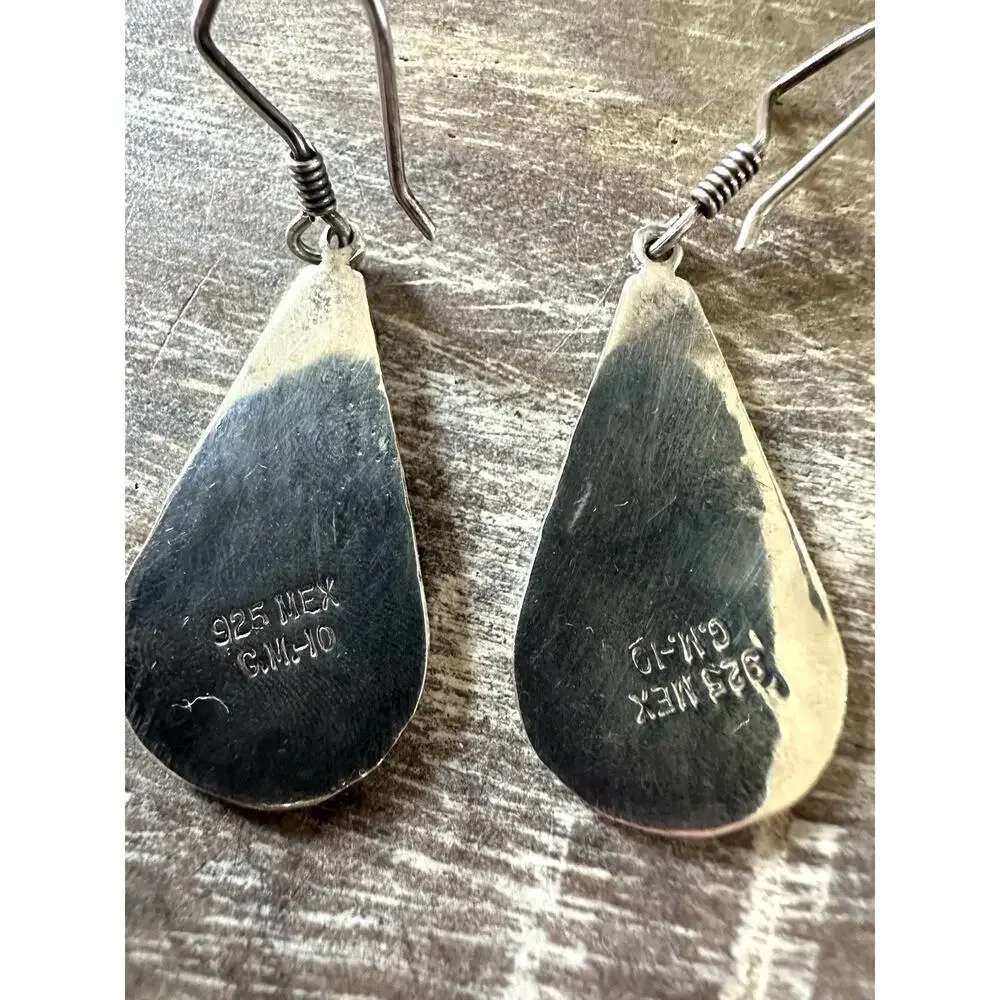 Vintage Mexican Diamond Cut Sterling Silver Pressed Turquoise Inlay Earrings